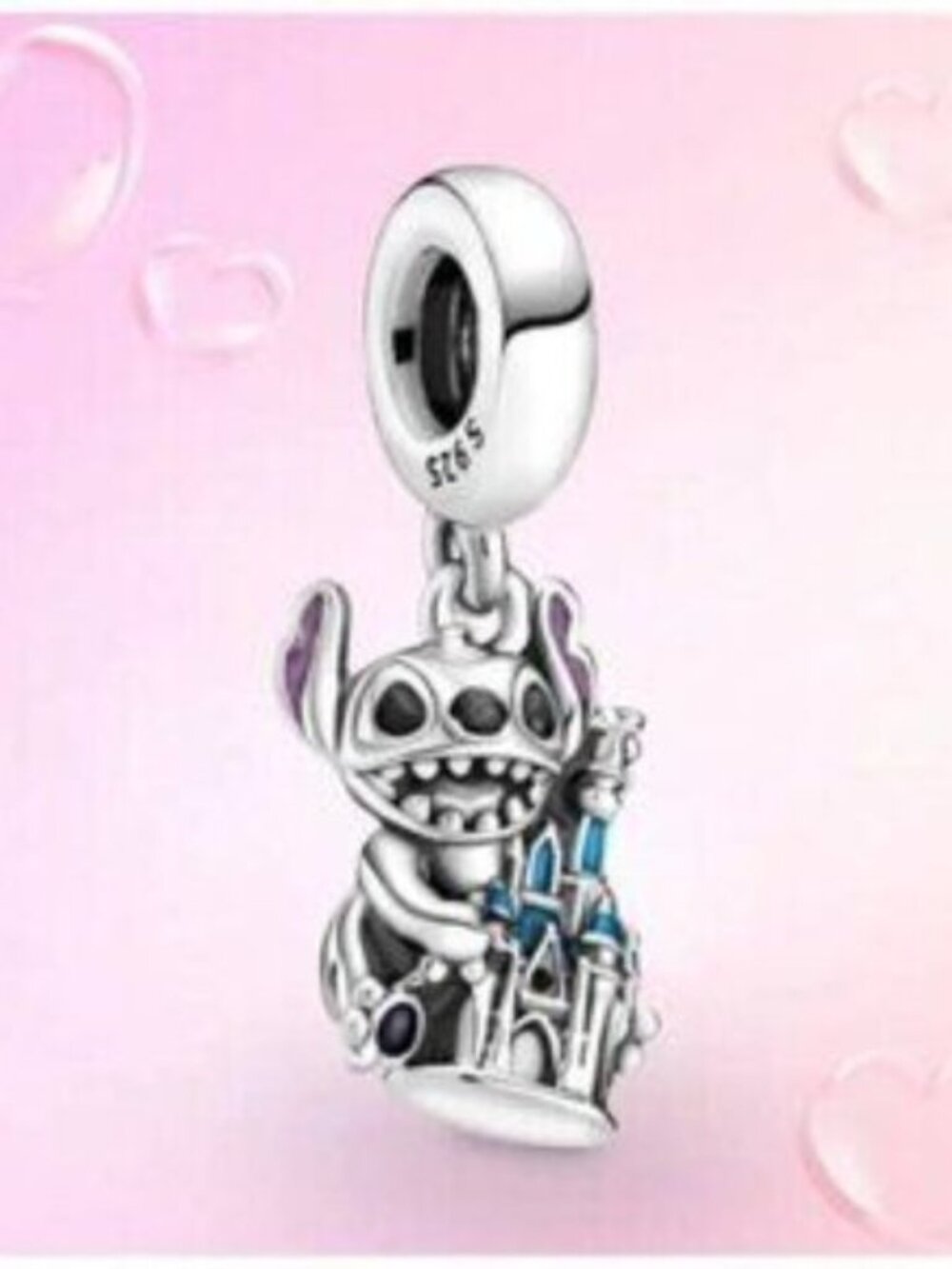 Pandora Silver Stitch Castle Dangle Charm with Blue & Purple Accents